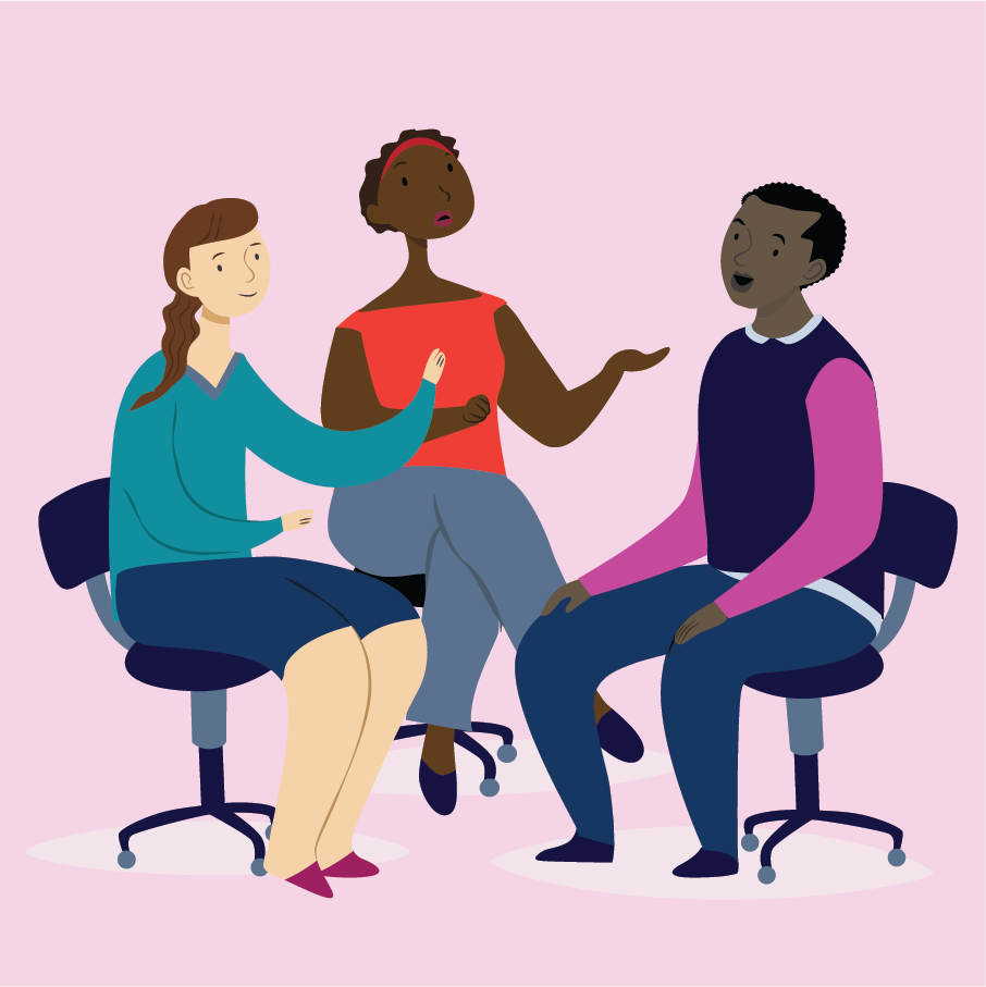 Illustration of three people sitting on office chairs in a circle, talking to each other.