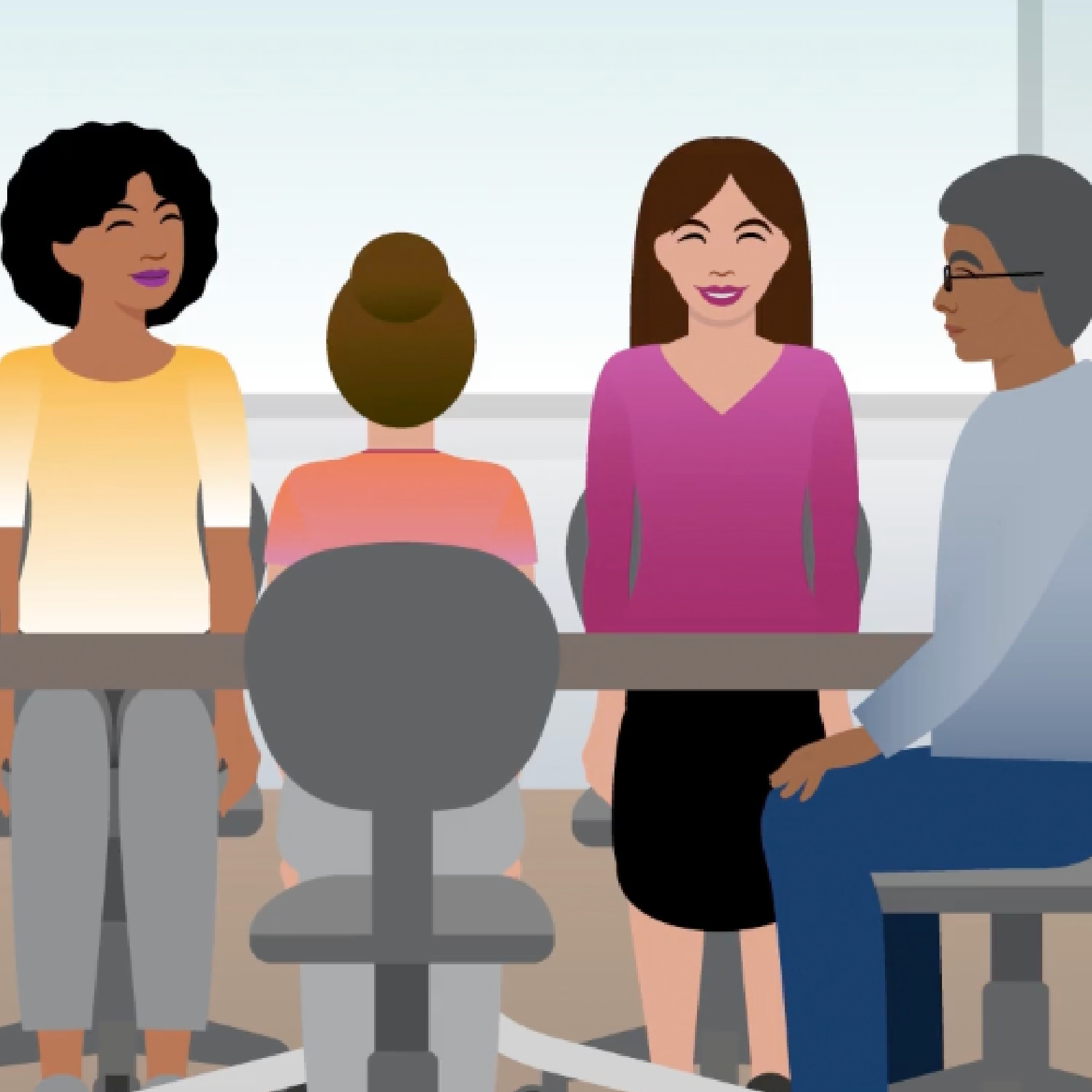 Illustration of four women sitting around a conference table.