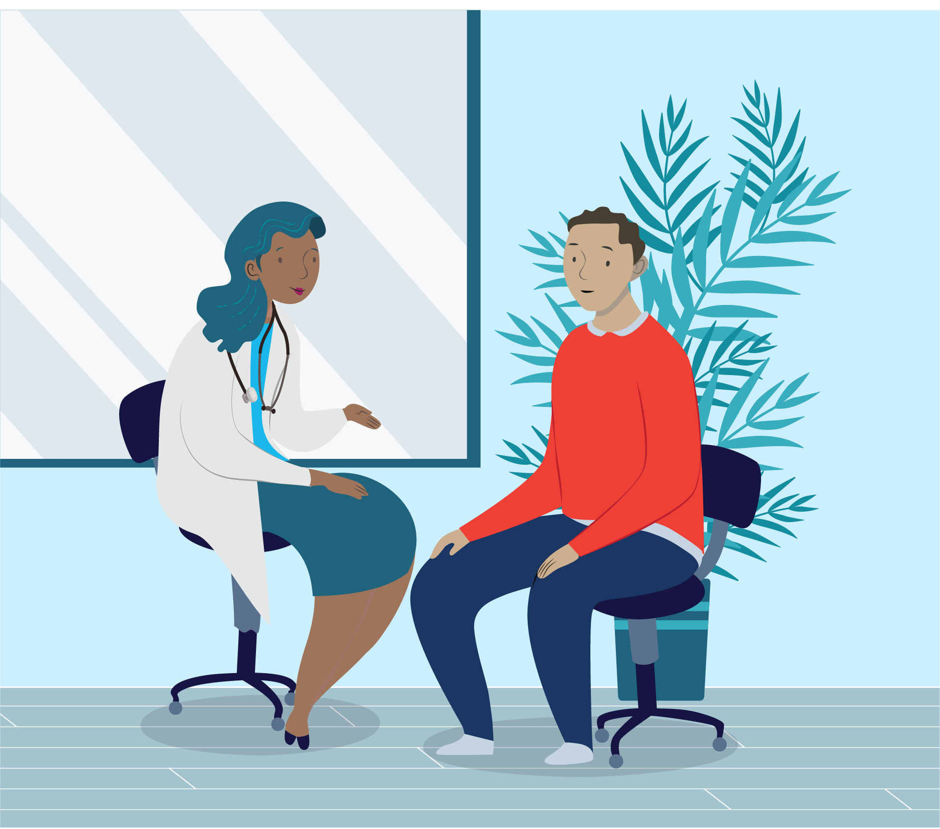 Illustration of a male patient talking to a health professional.