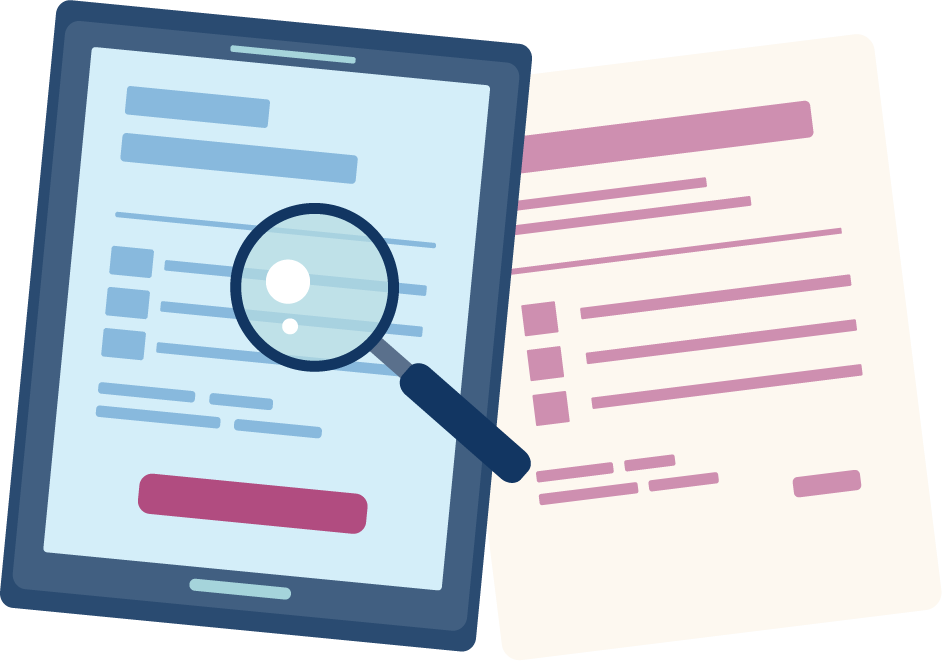 Illustration of a magnifying glass on sheets of paper