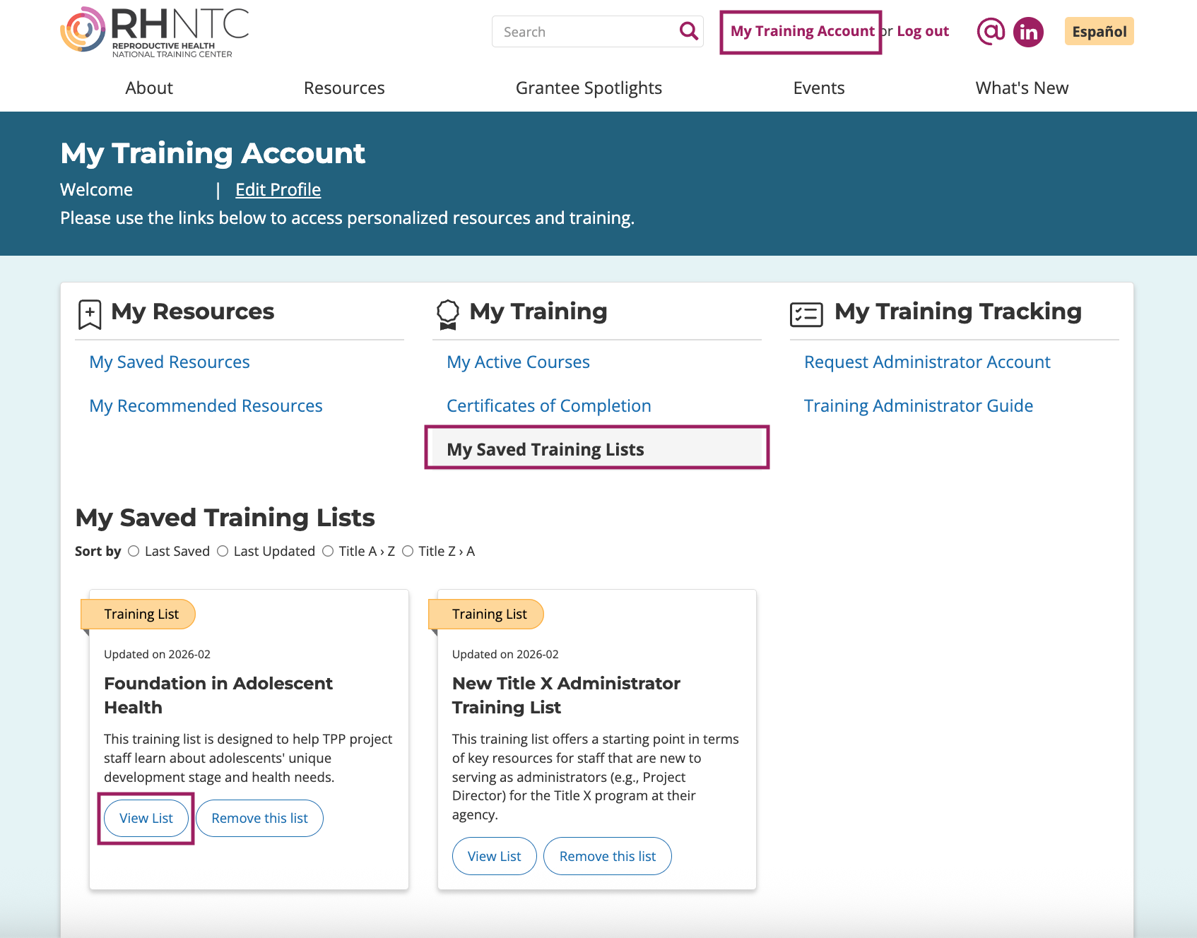 Screenshot for training account