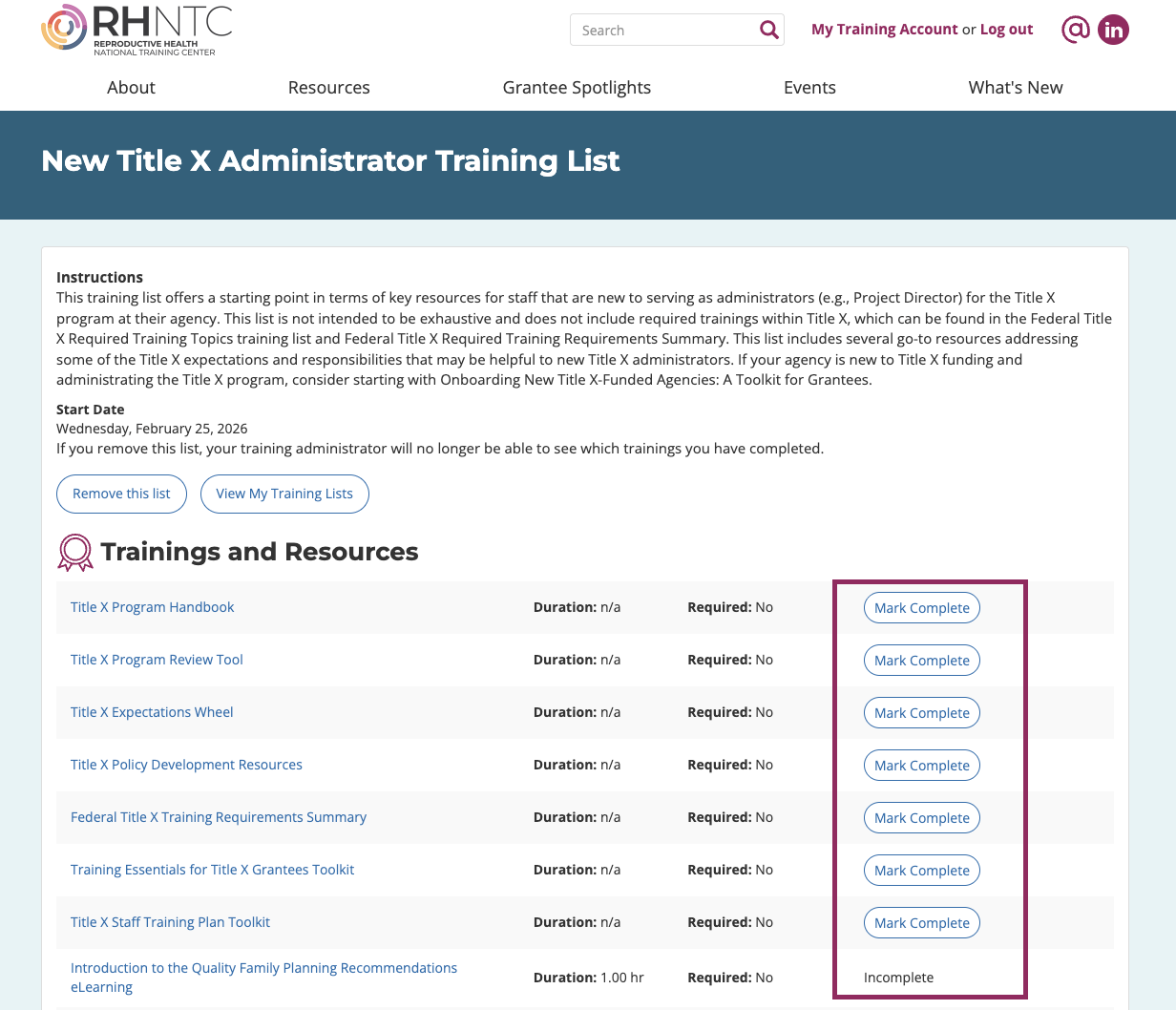 Screenshot for training list