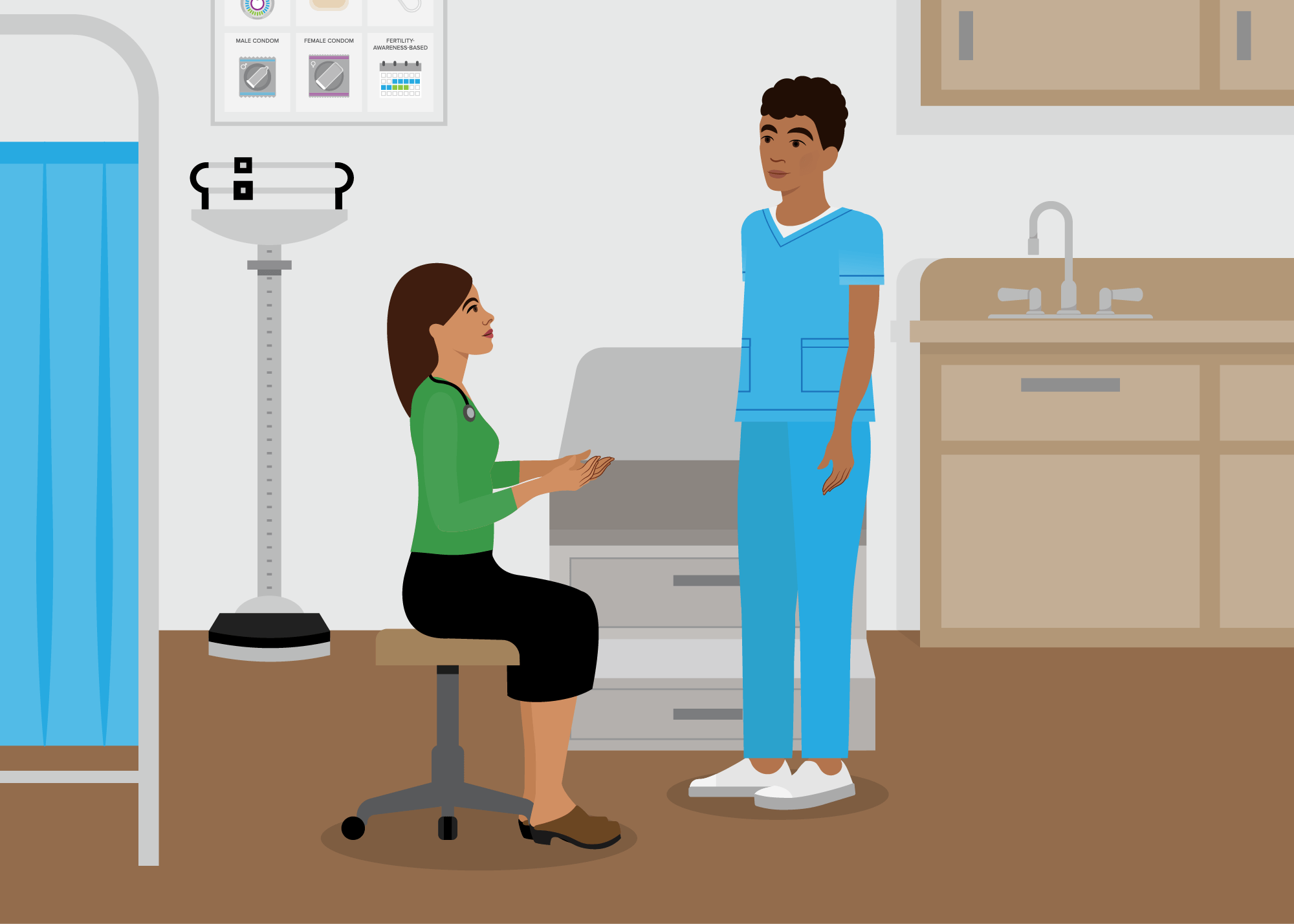 Illustration of a seated female doctor and a standing male patient in an exam room talking.