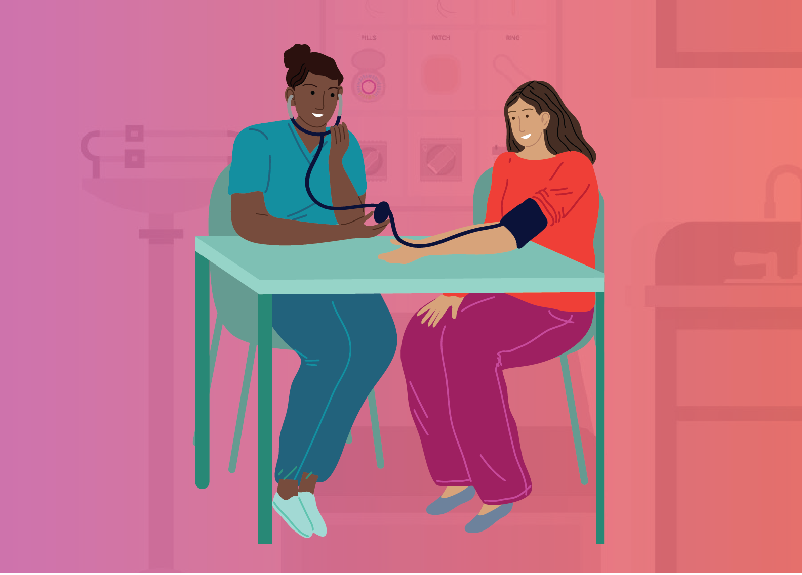 Illustration of a woman meeting with a doctor having her blood pressure taken