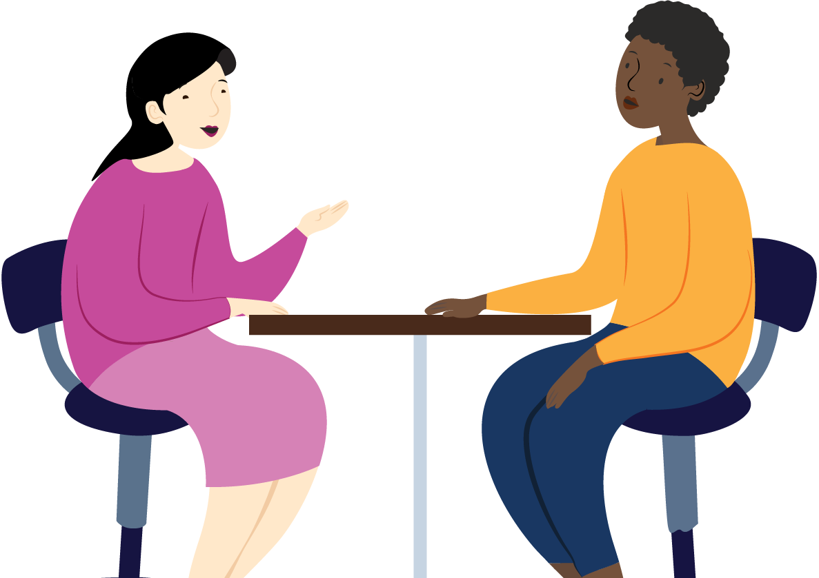 Illustration of two women talking at a table