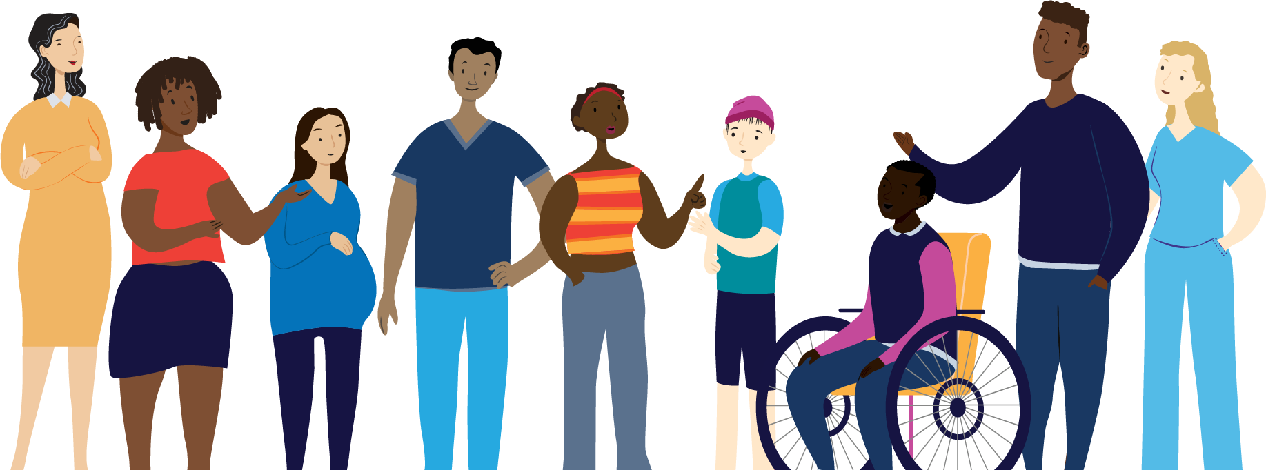 Illustration of a diverse group of people including someone in a wheelchair
