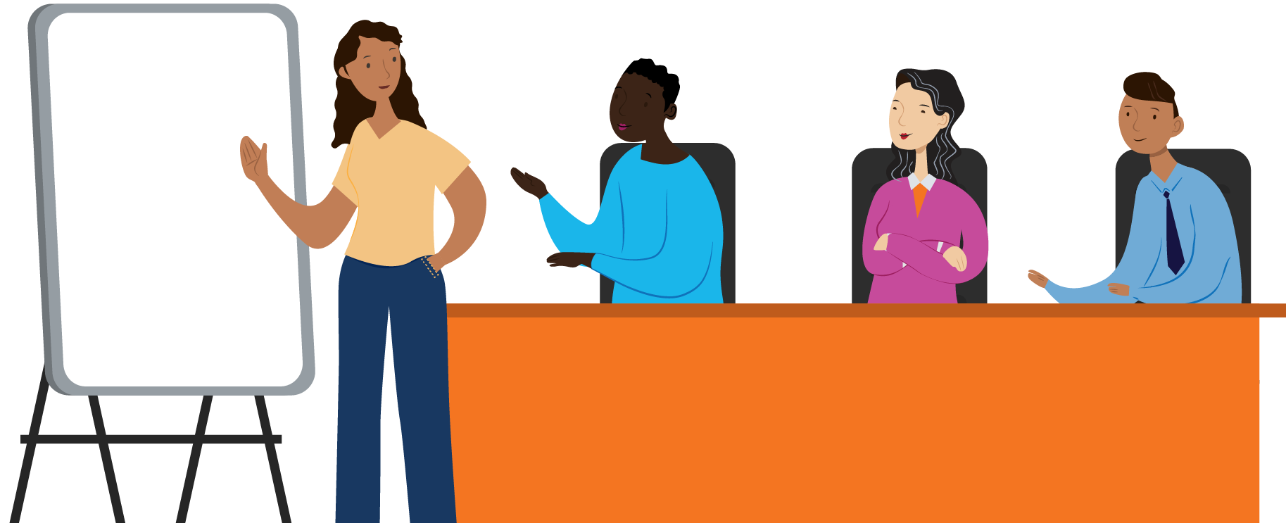 Illustration of three people sitting at a conference table, while someone shows them a presentation
