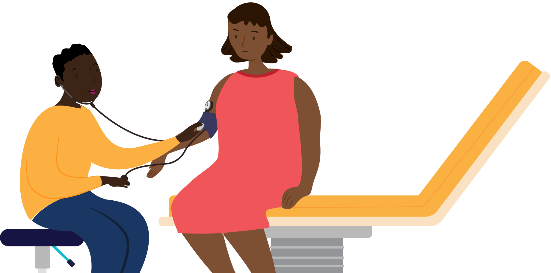Illustration of a physician taking a patient’s blood pressure reading, while they set on an exam table