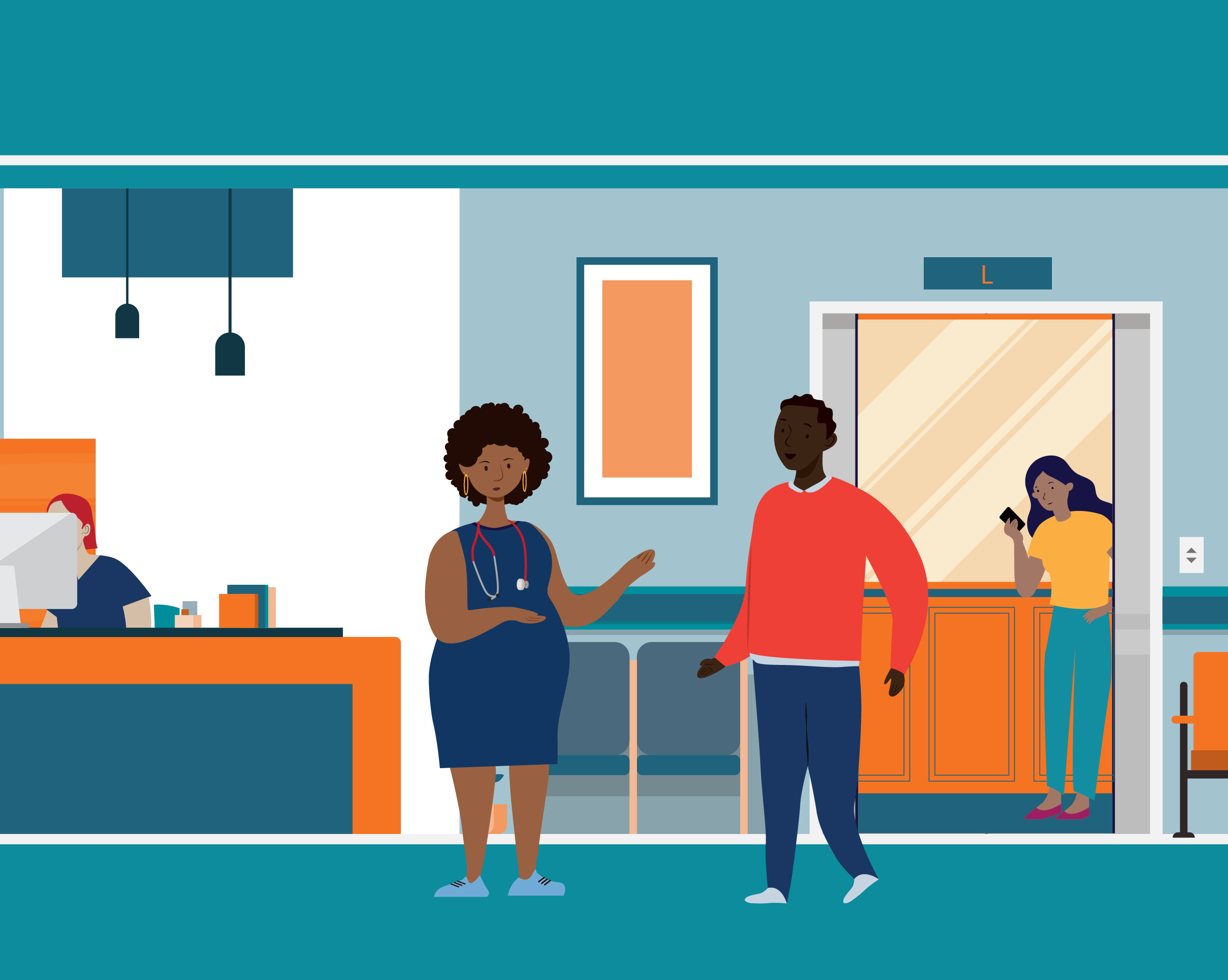 Illustration of a person getting off an elevator and talking to a nurse practitioner.
