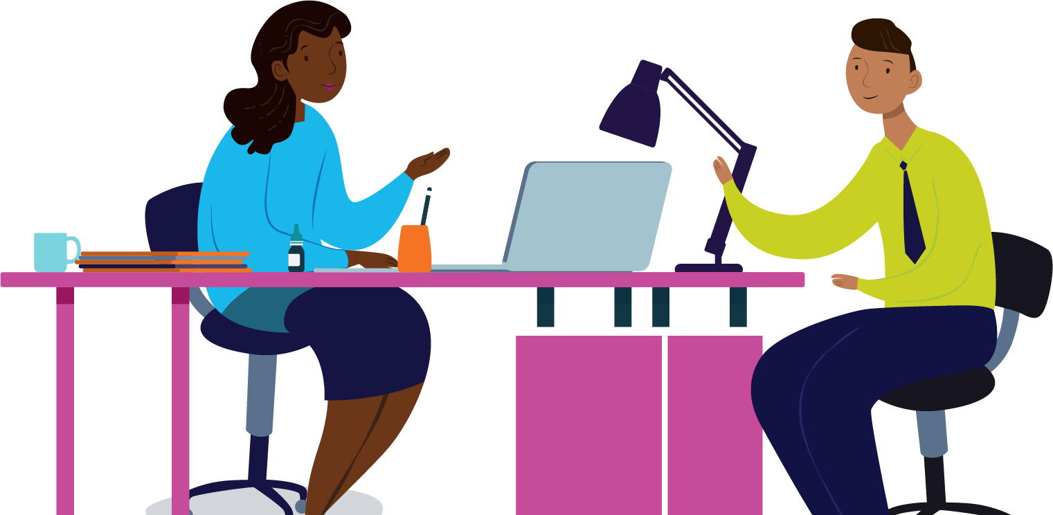 Illustration of two people meeting over a desk