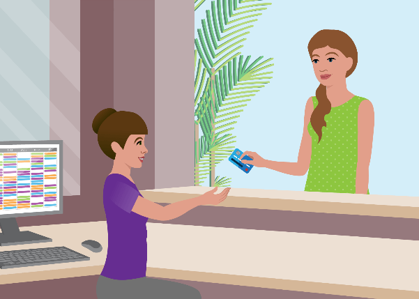 Artist drawing of a clinic patient paying for her visit with a credit card