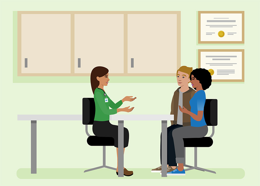 Illustration of a couple meeting with a doctor in an office.