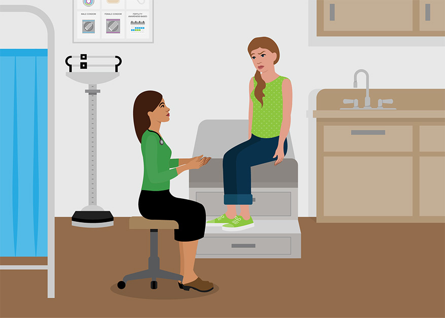 Illustration of a woman meeting with a doctor in exam room.
